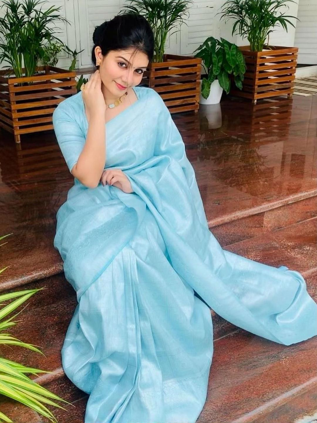 CaniBani Turquoise Blue Silk Blend Banarasi Sarees