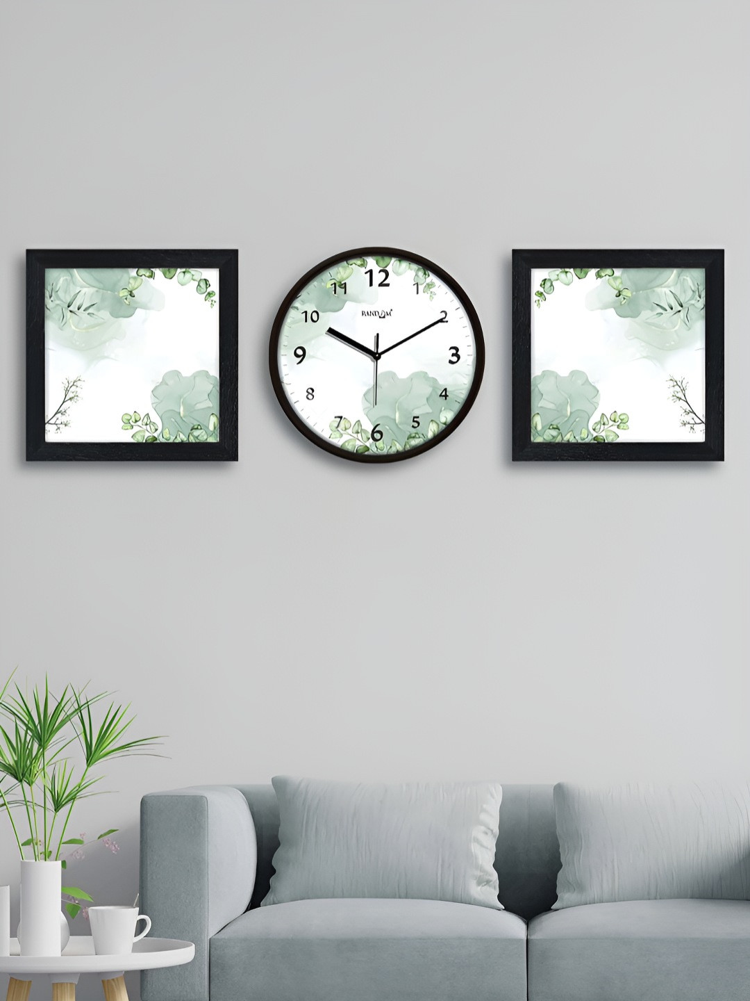 RANDOM 3 Pieces White & Green Floral Printed Contemporary Wall Clock & Wall Arts