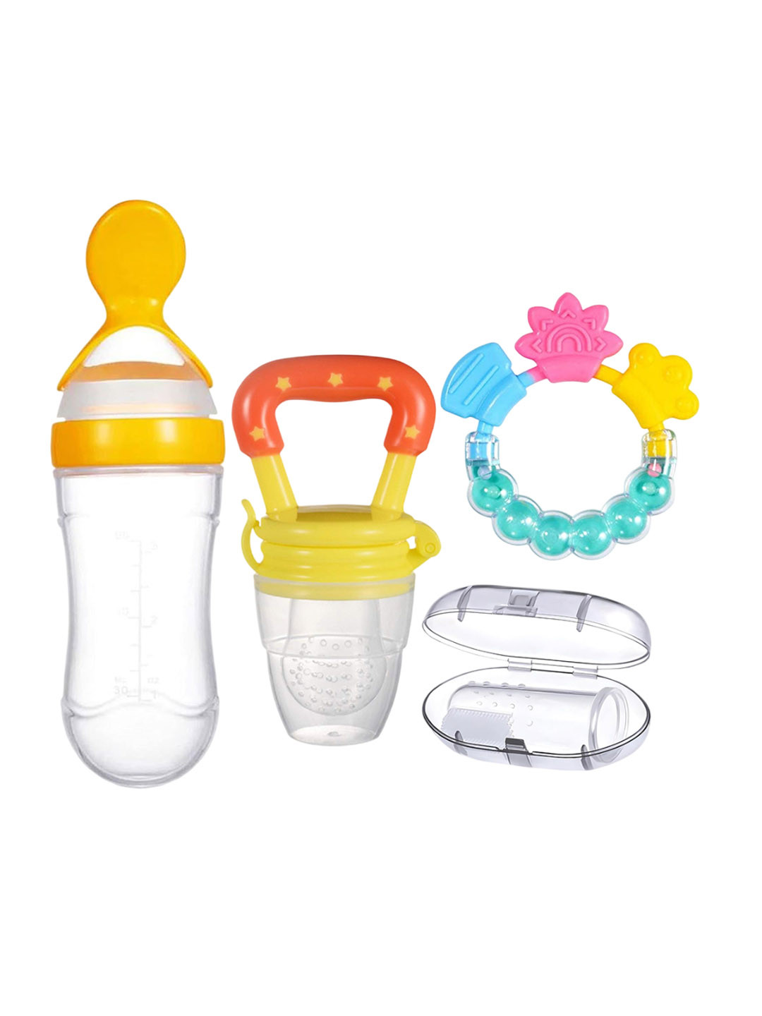 Kritiu Kids Set Of 4 Food & Rattle Teether Brush, Rattle Fruit & Nibbler - Yellow