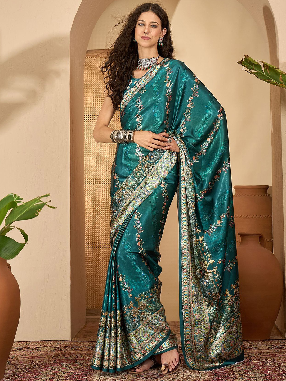 Sangria Floral Woven Design Satin Saree With Blouse Piece
