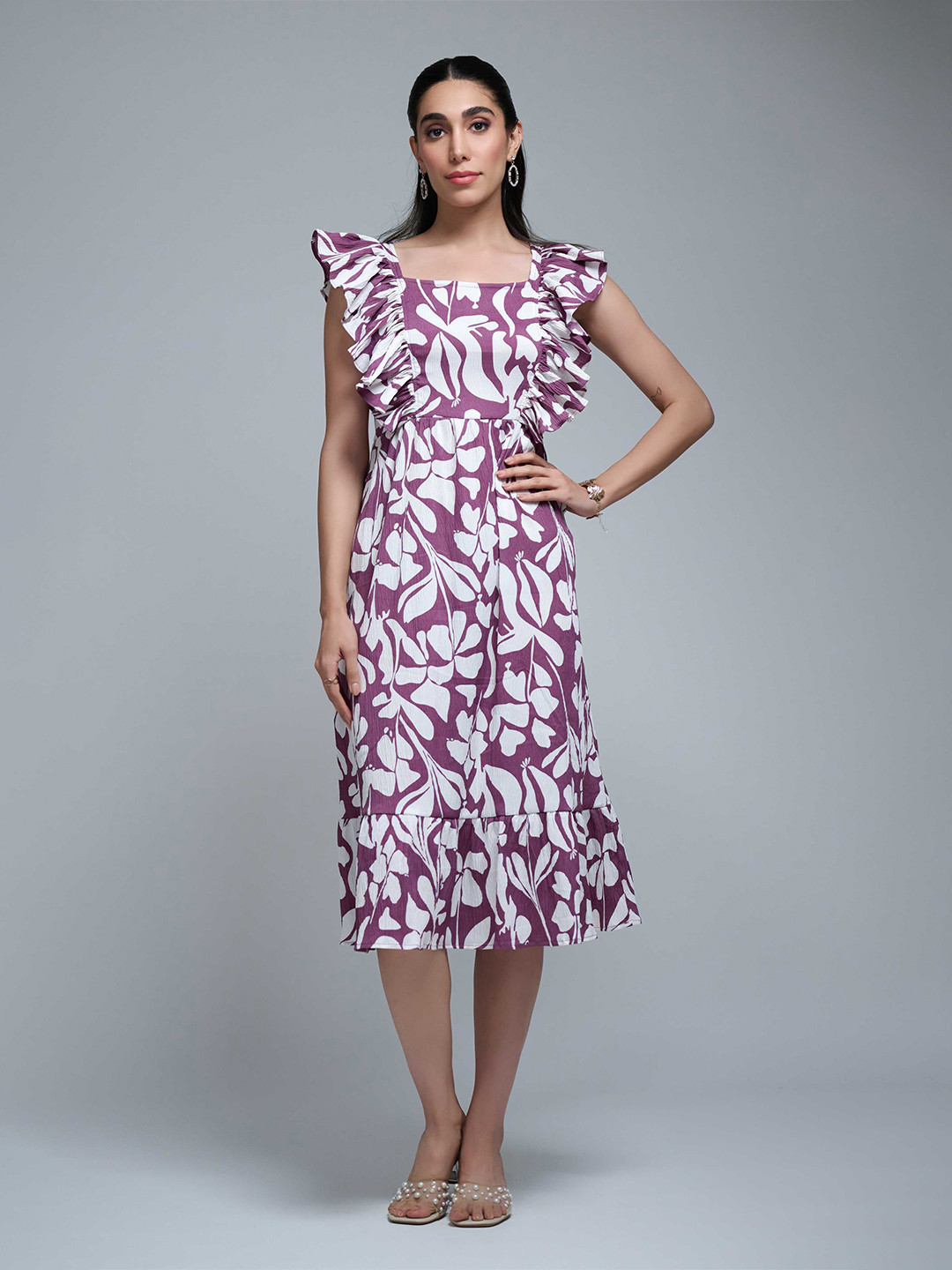 R.Code by The Roadster Life Co. Floral Printed Ruffles Detail Fit & Flare Midi Dress