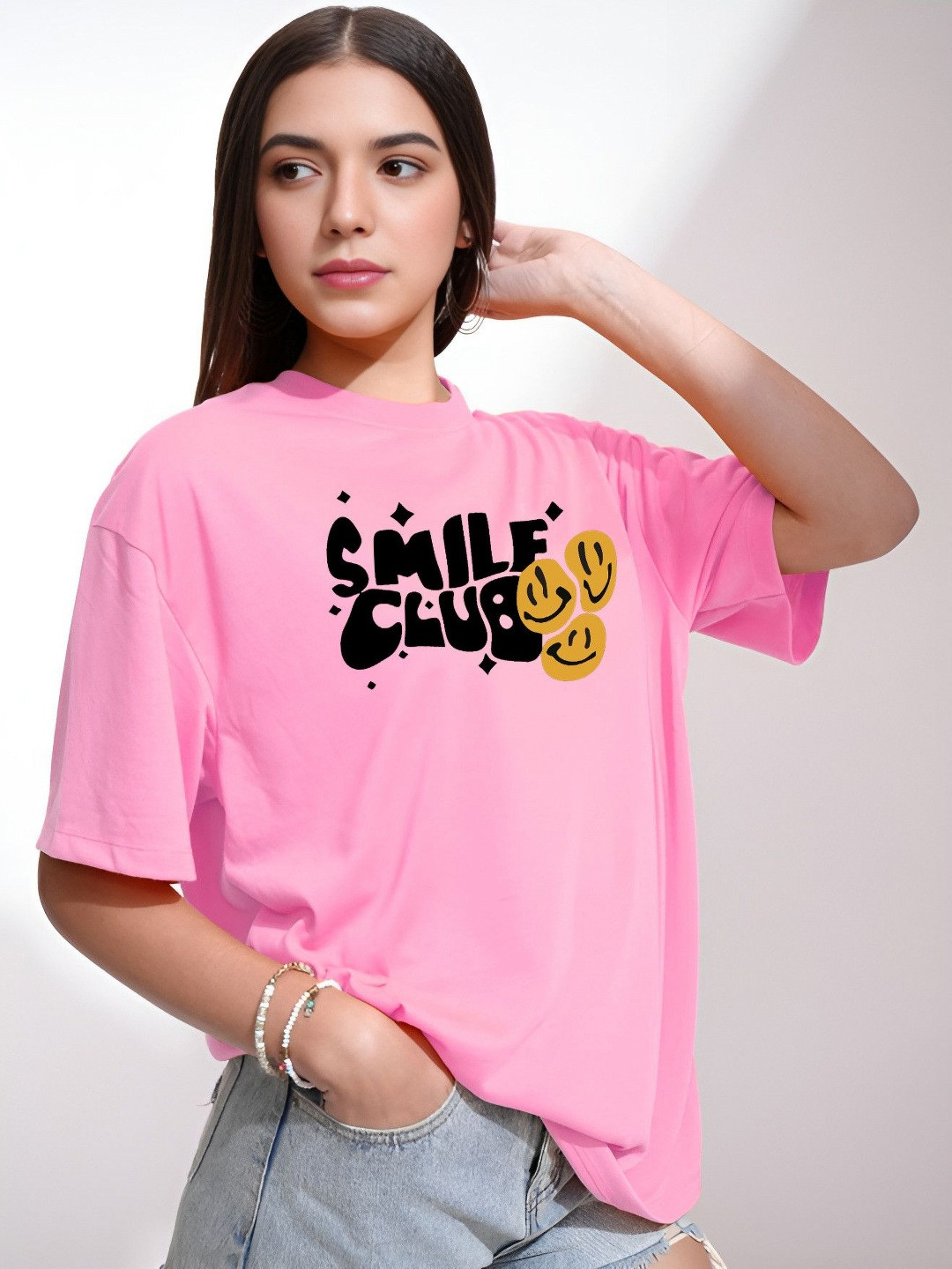TQH Typography Printed Round Neck Drop-Shoulder Sleeves Oversized Cotton T-Shirt