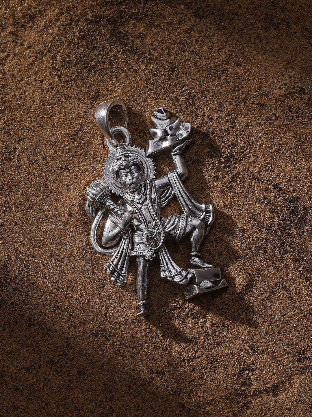 Exotic India Unisex Sterling Silver Lord Hanuman Lifting Sanjeevani Vietnam Pendant