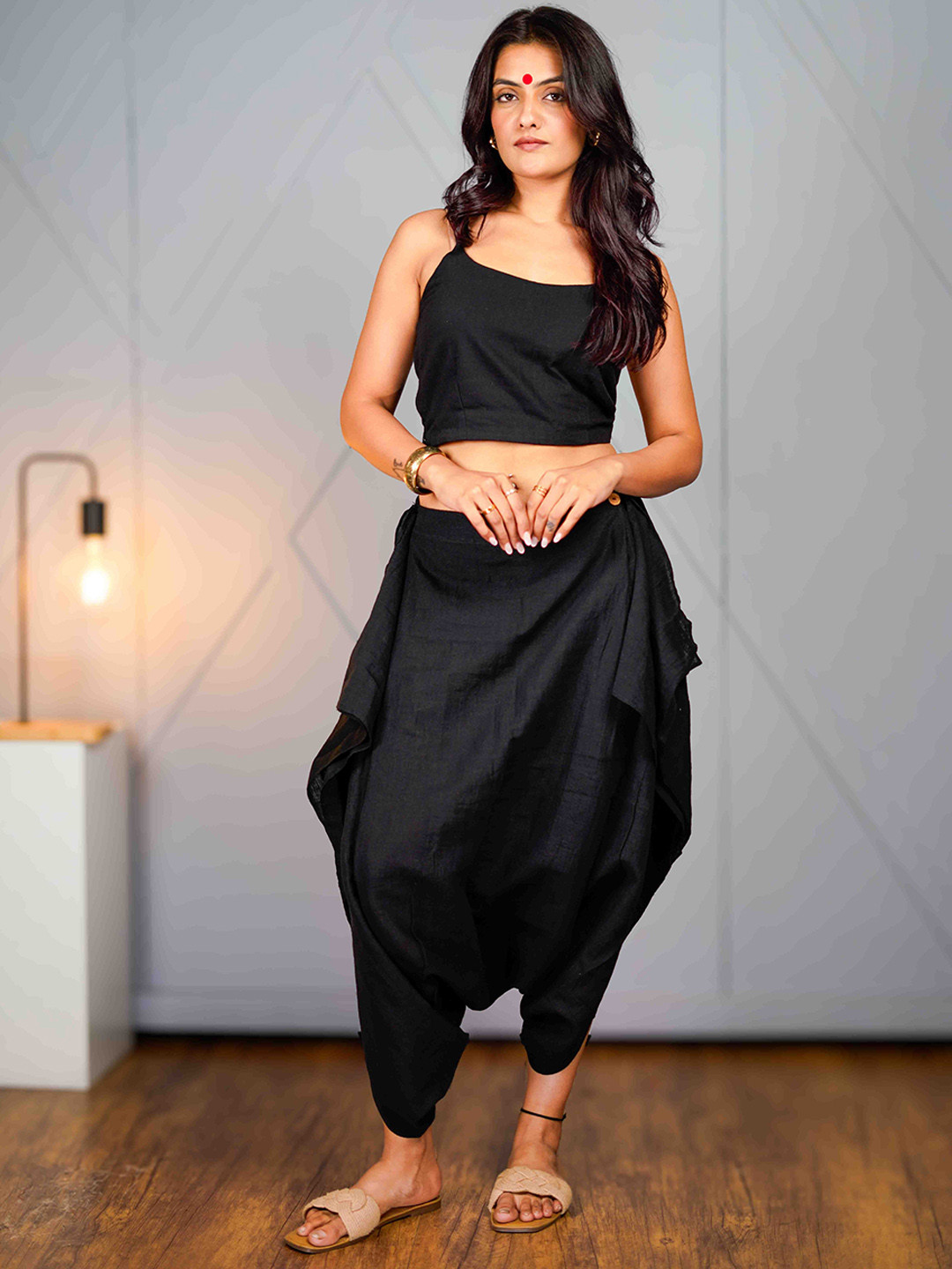Prathaa Tula  Black Asymmetric Draped Pants