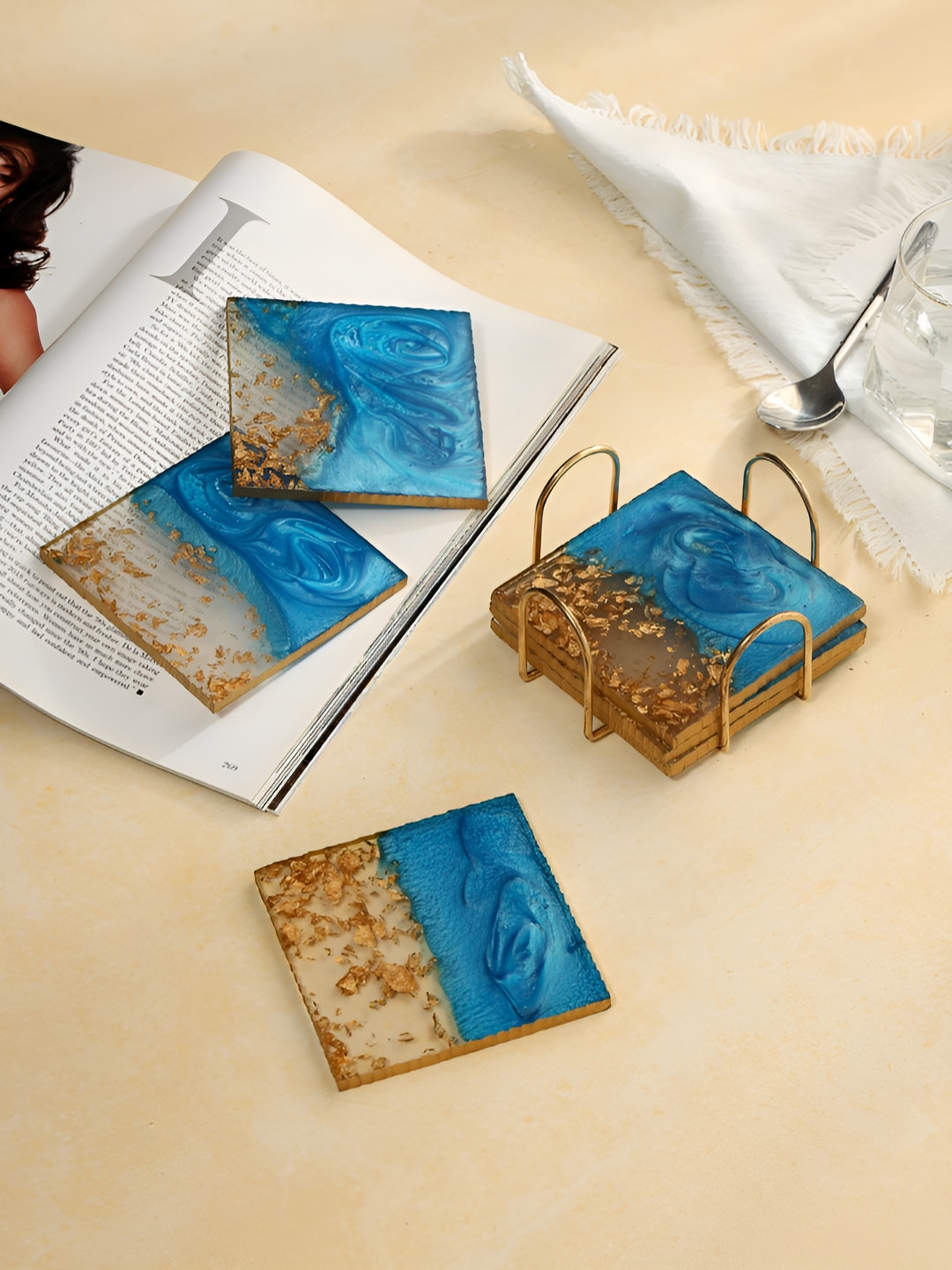 DULI 6-Pcs Blue & Brown Printed Coasters With Metal Stand