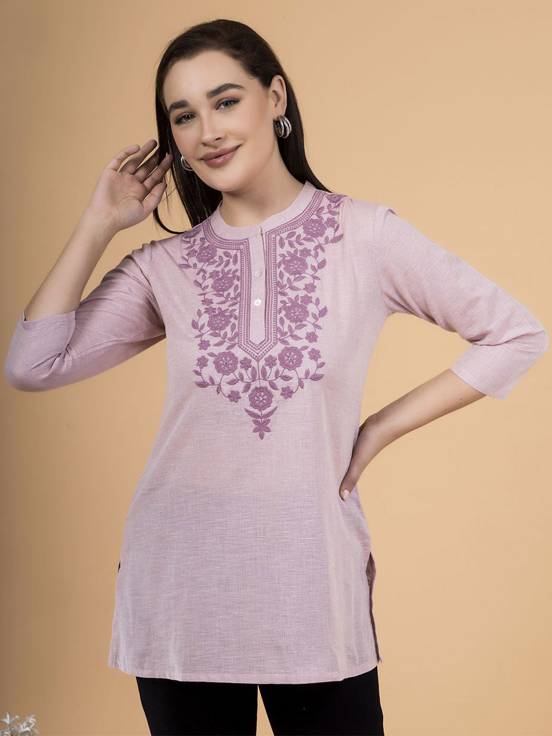 Saffron Threads Women Mandarin Collar Embroidered Straight Kurti