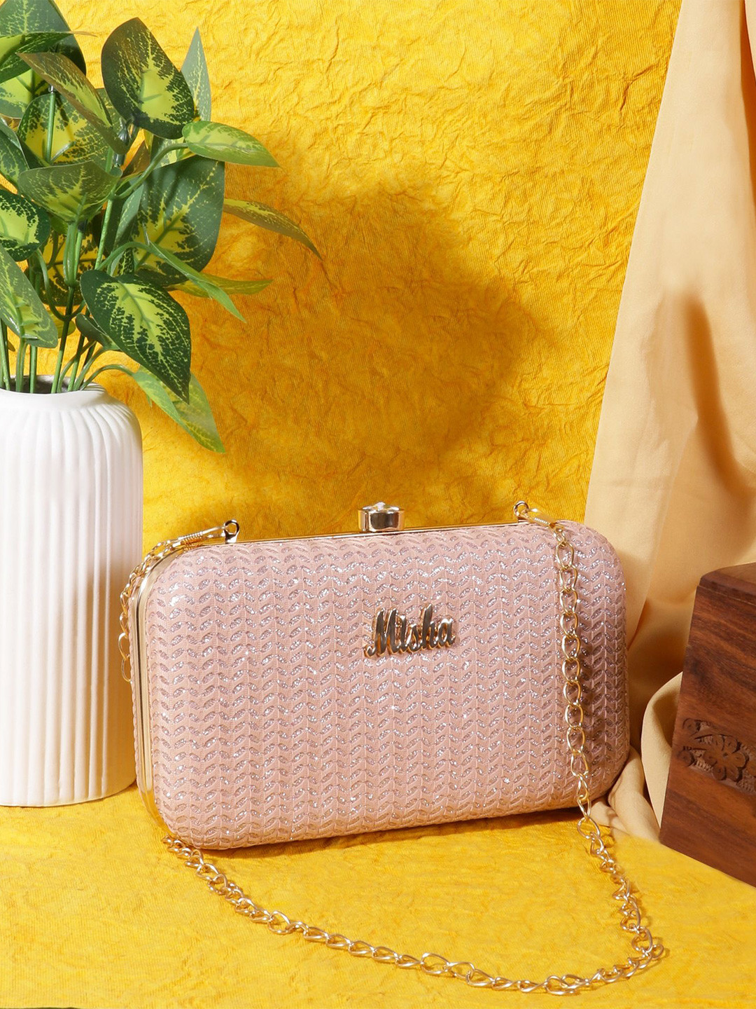 MISHA Noir Chevron Textured Embellished Box Clutch