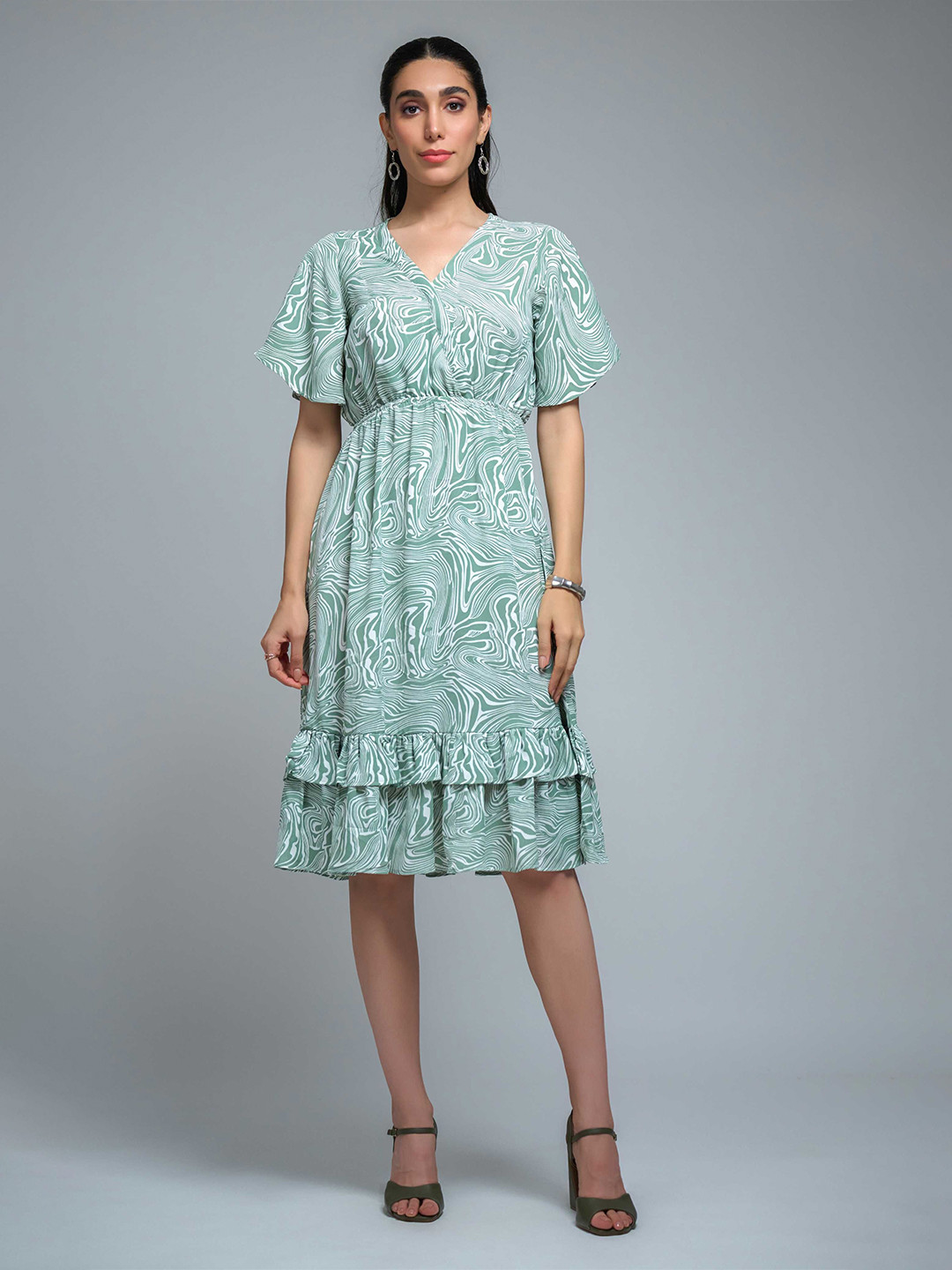 R.Code by The Roadster Life Co. Abstract Printed Flared Sleeves Ruffles A-Line Dress