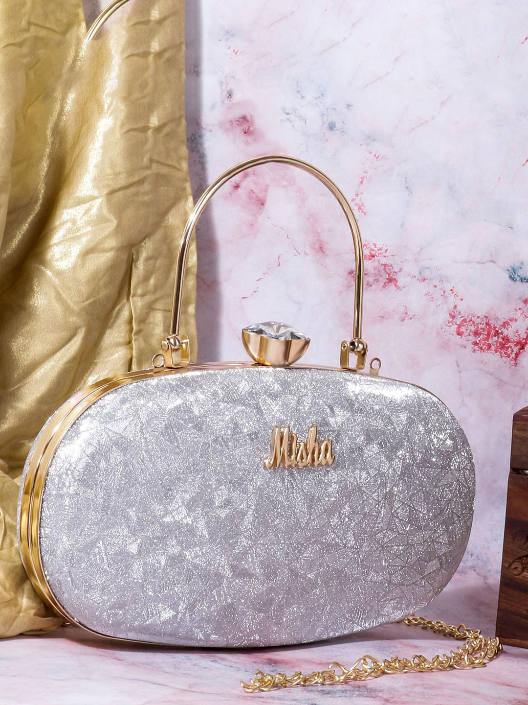 MISHA Noir Glint Textured Embellished Box Clutch