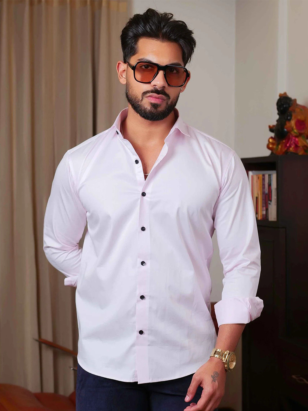 Foomer Men Standard Fit Solid Spread Collar Satin Casual Shirt