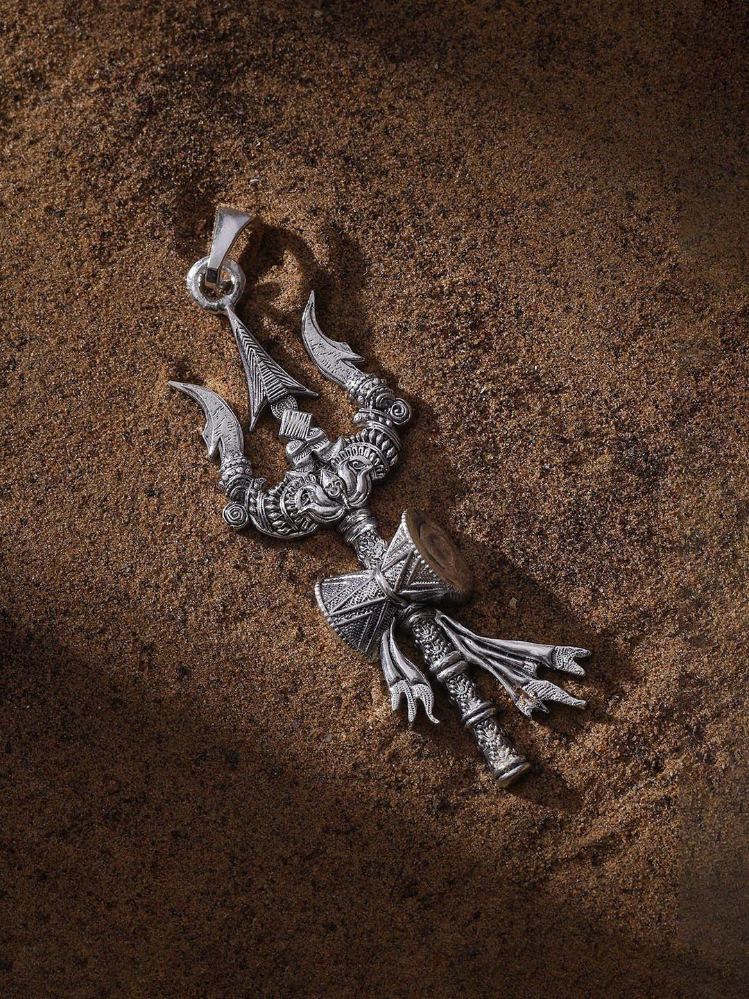Exotic India Unisex Sterling Silver Trident with Damru Pendant