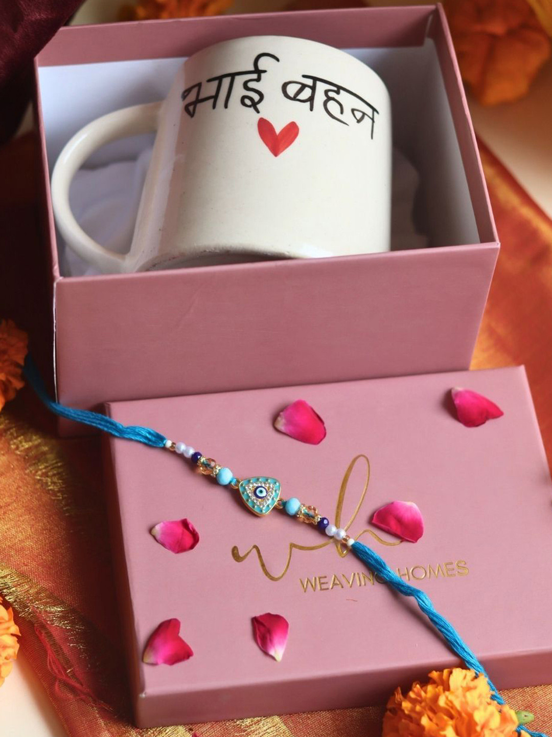 WEAVING HOMES Set of 2 Beaded Thread Rakhi With Mug & Roli Chawal