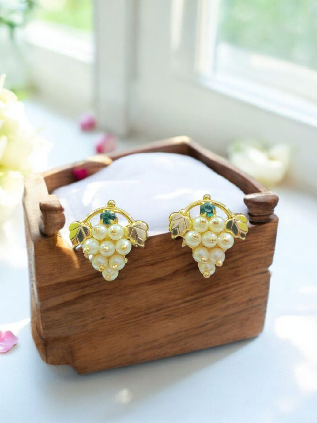 Raikar Jewellers Gold-Plated Artificial Stones Studded And Beaded Leaf Shaped Studs