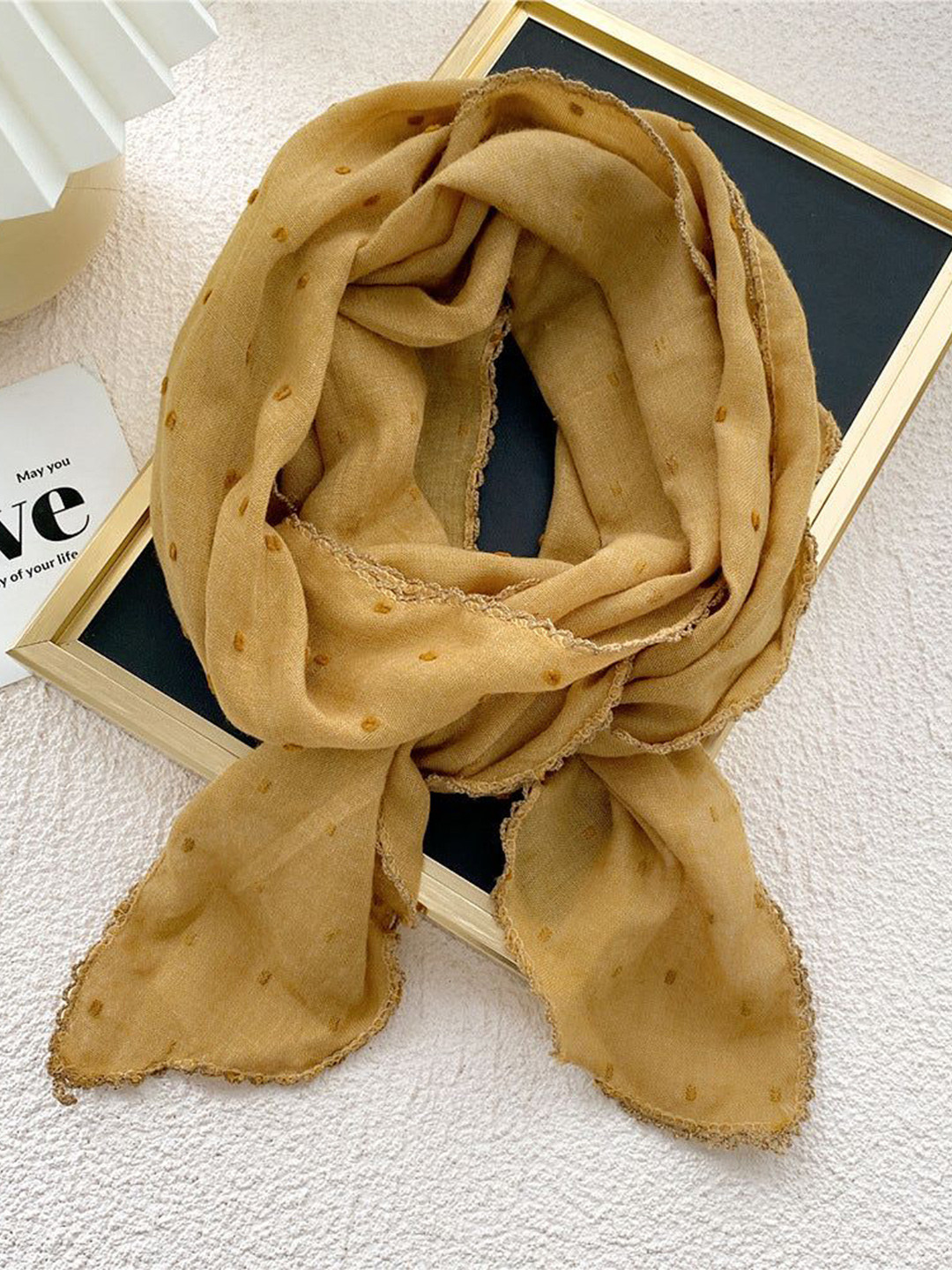 QUECY Women Polka Dots Embroidered Taping Border Scarf