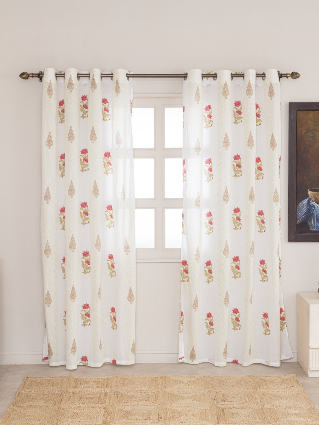 Clasiko Royal Mandala White & Red 2 Pieces Printed Cotton Sheer Long Door Curtains