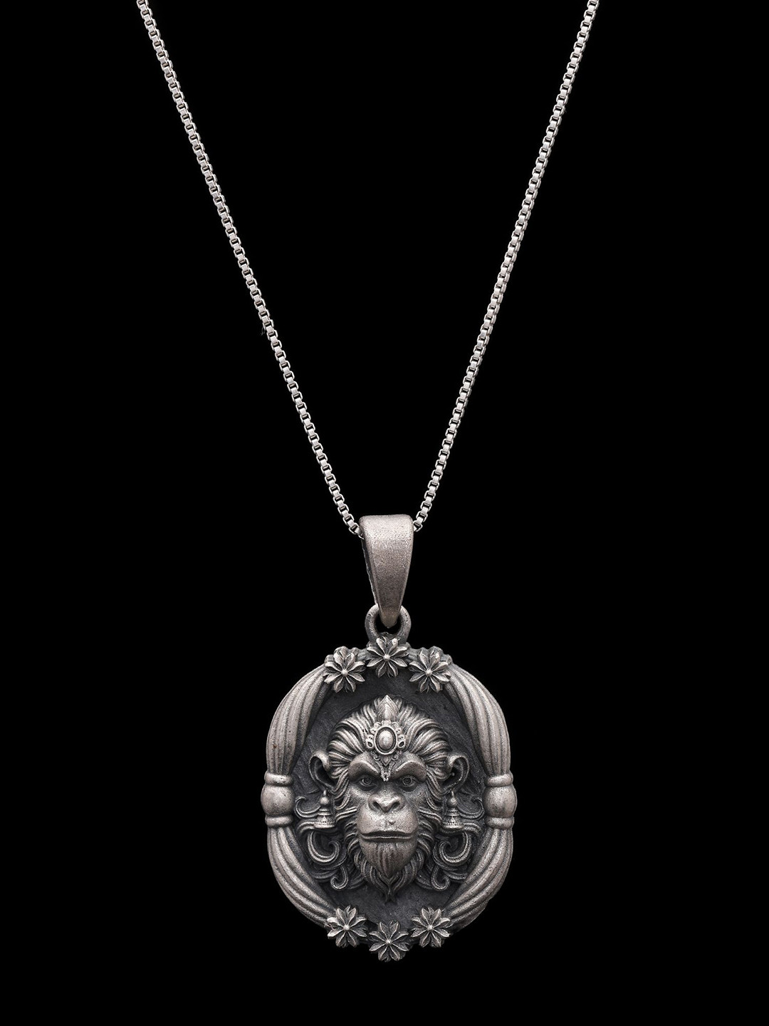 Exotic India Unisex Sterling Silver Lord Hanuman Face Antique Finish Pendant
