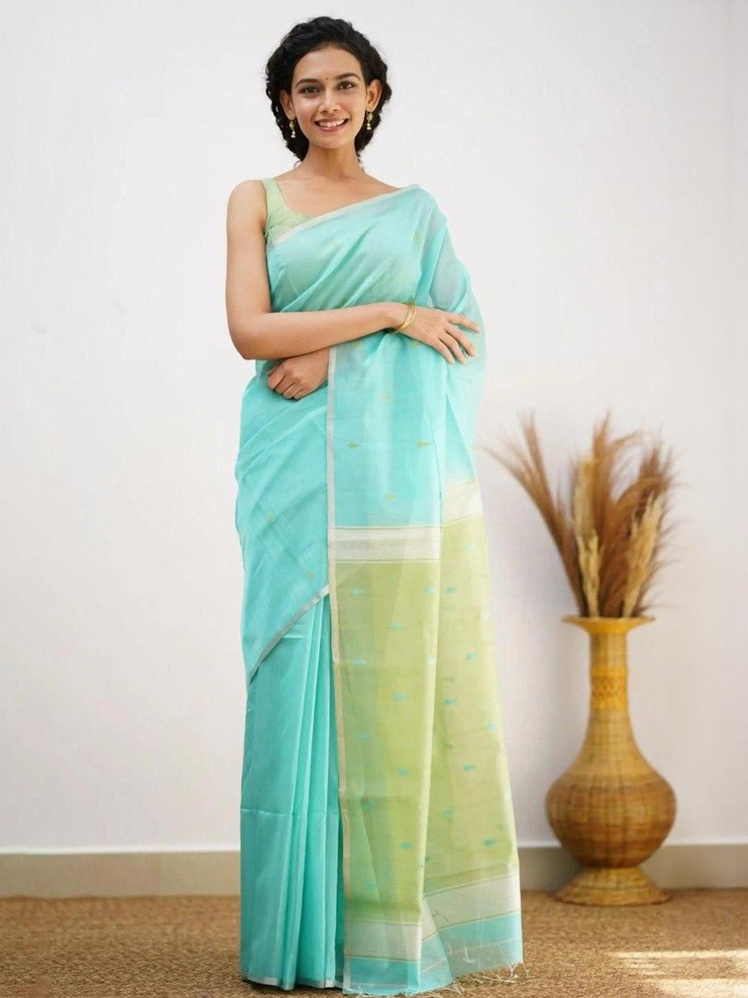 CaniBani Turquoise Blue Cotton Blend Banarasi Sarees