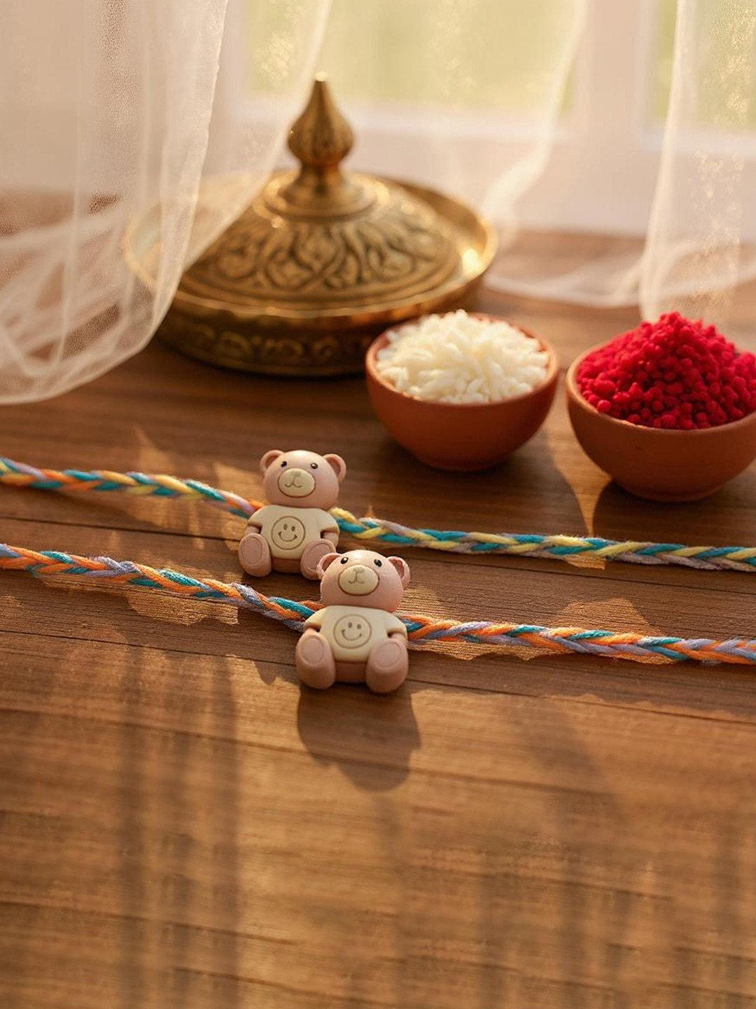 LUCKY JEWELLERY Kids Set Of 2 Teddy Bear Thread Rakhi With Greeting Card