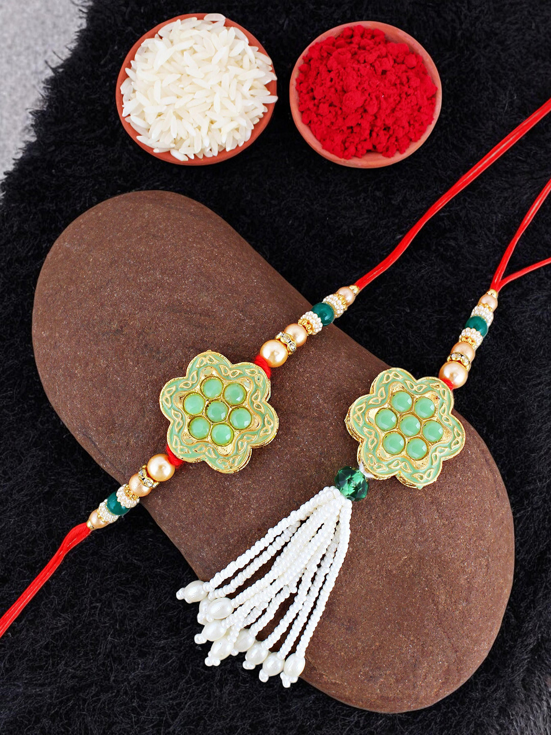 LUCKY JEWELLERY Set Of 2 Gold-Plated  Beaded Studded Raki Gift Set