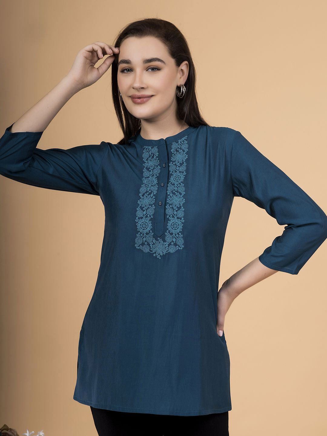 Saffron Threads Floral Embroidered Thread Work Kurti