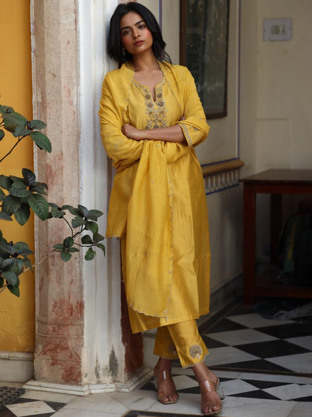 TATWA DESIGNS Women Embroidered Mustard Guldasta Heritage Suit set
