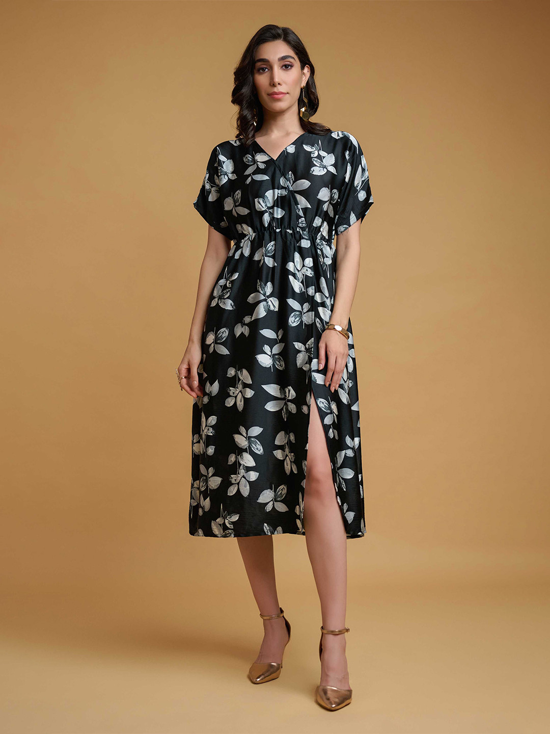 R.Code by The Roadster Life Co. Women Tropical Printed Satin Midi Dress
