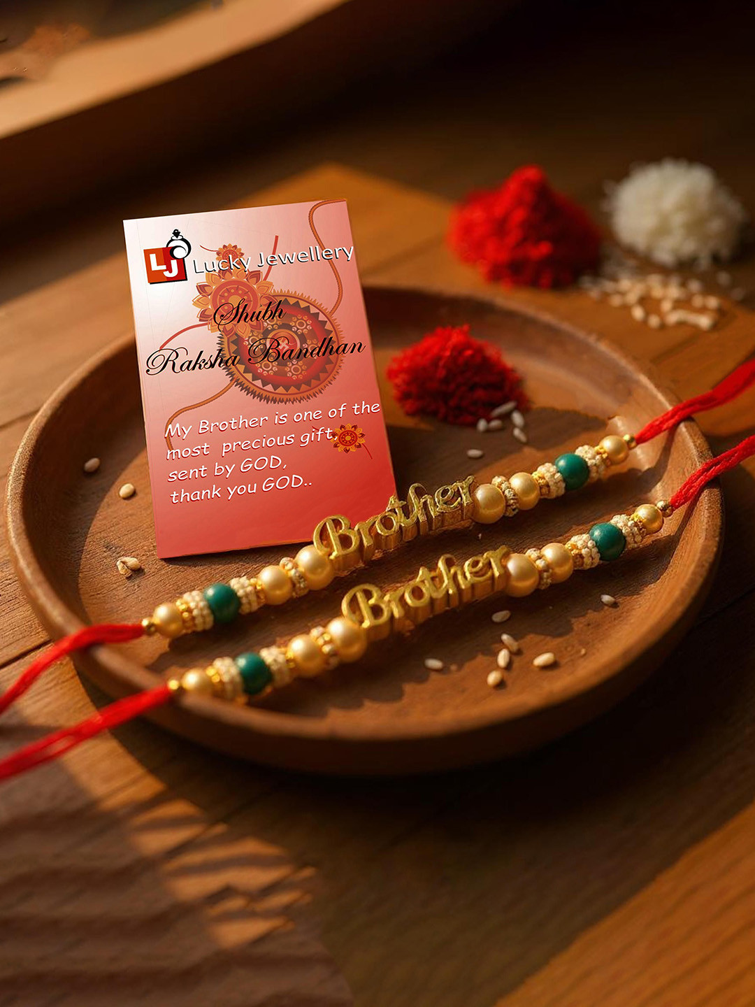 LUCKY JEWELLERY Gold-Plated Beaded Bhaiya-Bhabi Rakhi Gift Set