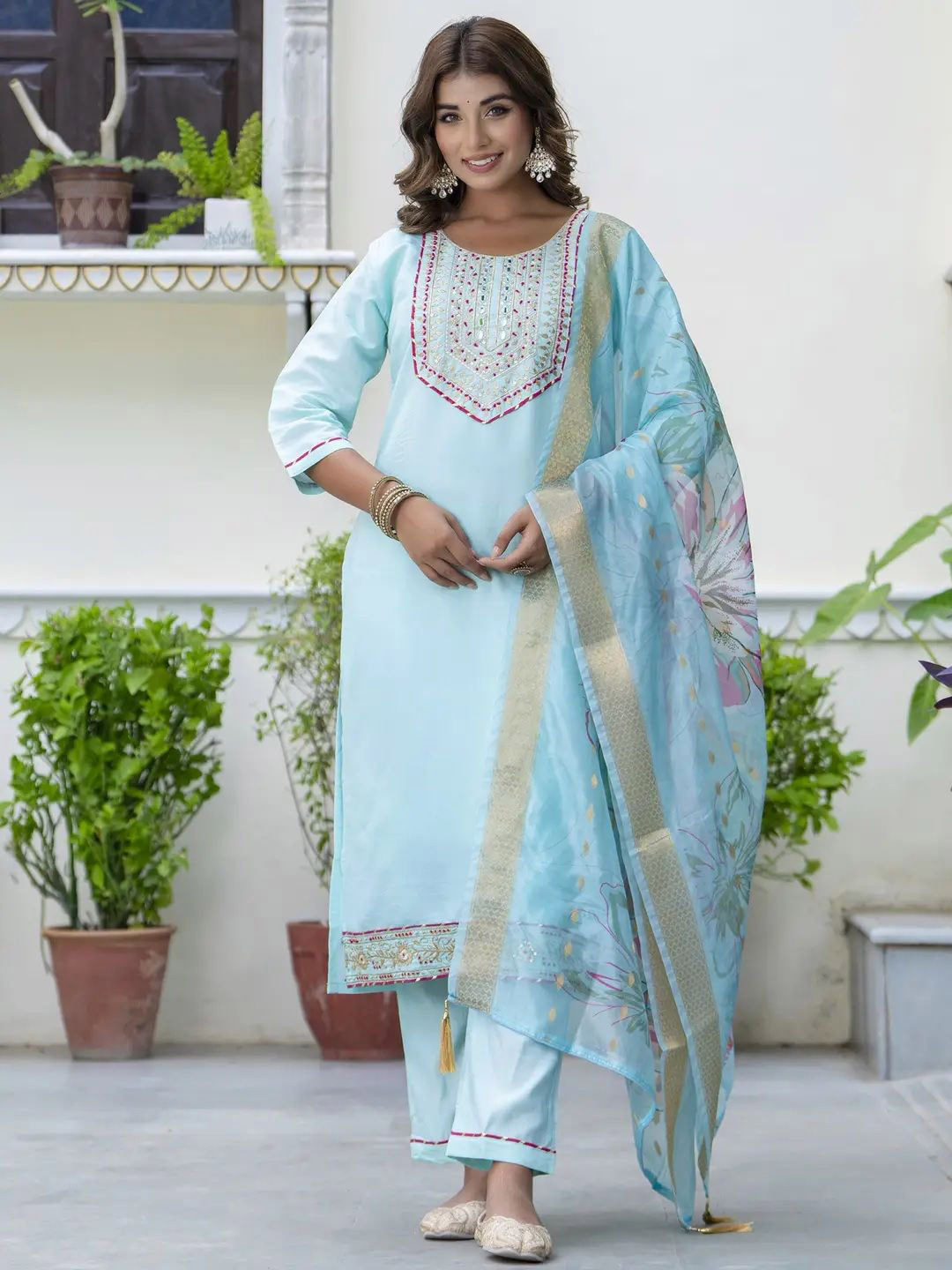 Vastukala Women Woven Design Embroidered Kurta with Trousers & Dupatta