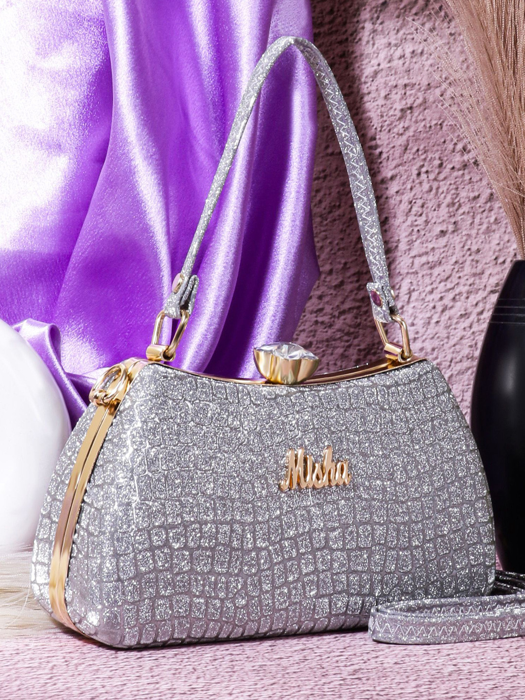 MISHA Blush Croco Textured Box Clutch