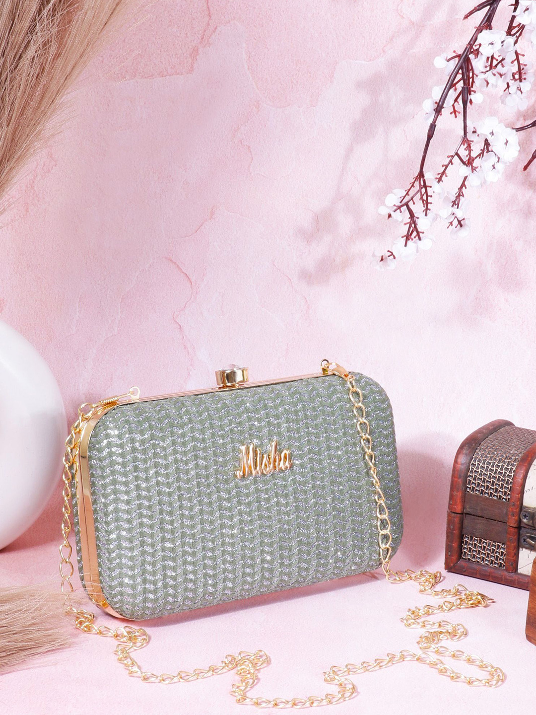 MISHA Noir Chevron Textured Embellished Box Clutch