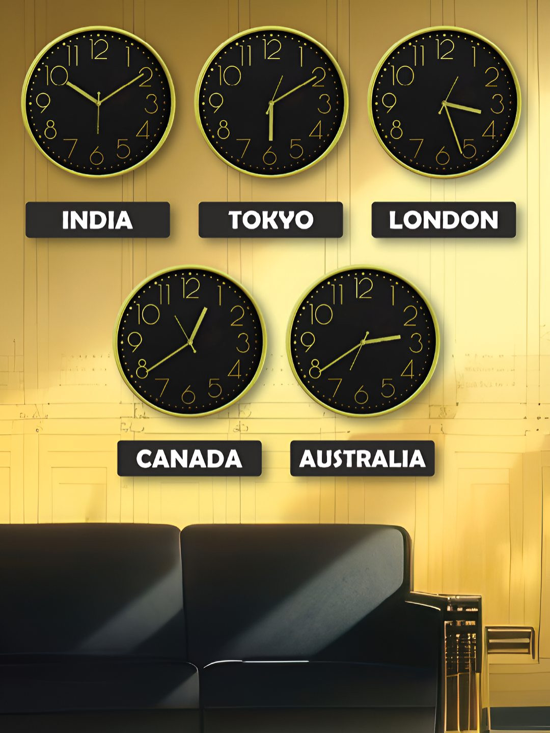 RANDOM 5 Pieces Black & Gold-Toned Abstract Printed Analogue Contemporary Wall Clocks
