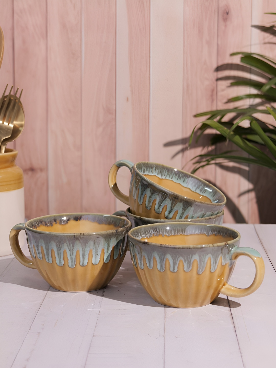 VarEesha Mustard & Sea Green 4 Pieces Microwave Safe Striped Printed Ceramic Glossy Cups