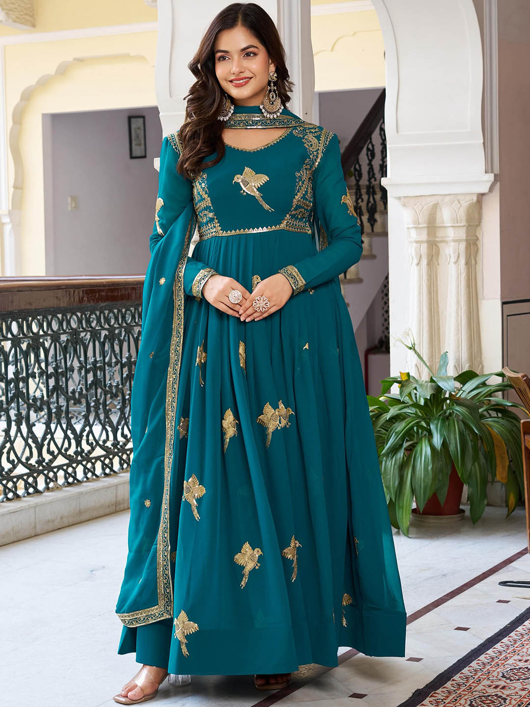 CANBIA Ethnic Motifs Embroidered Sequinned Georgette Anarkali Kurta & Trousers & Dupatta