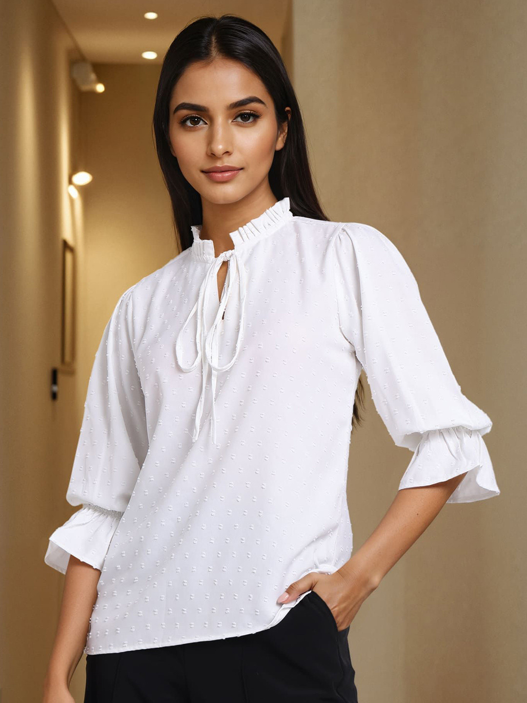 Style Quotient Women Swiss Dots Tie-Ups High Neck Bell Sleeve Top