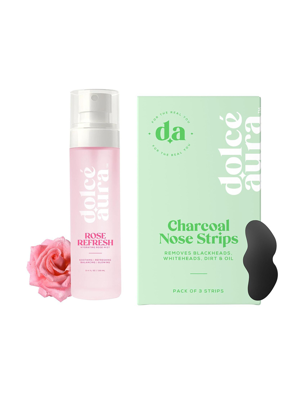 Dolce Aura Set Of 2 Rose Refresh Hydrating Mist - 100 ml & Charcoal Nose Strips - 3 Strips