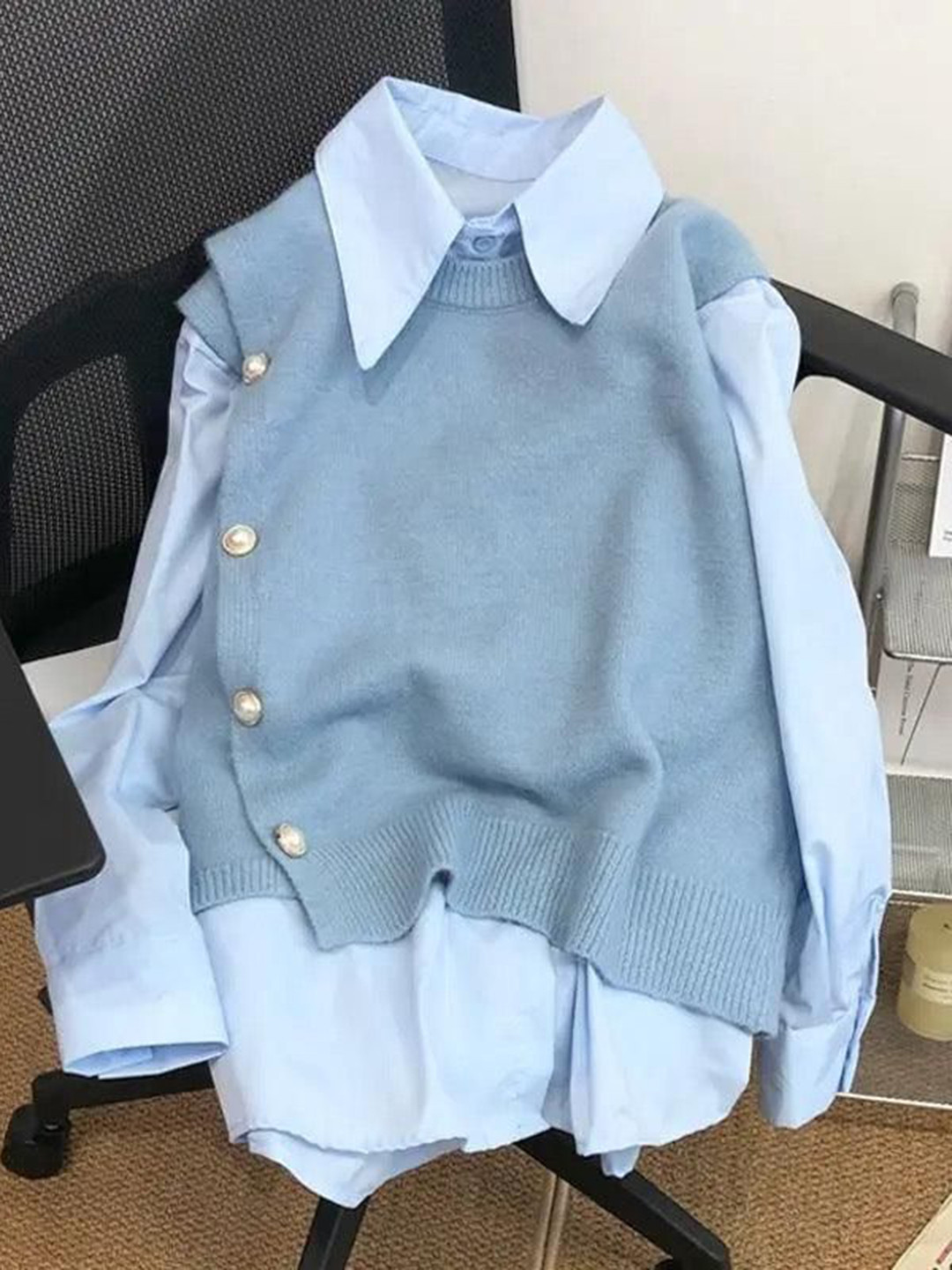 Miss Mosa By Akanksha  Blue Malta Two Piece Shirt & Knit Vest Set