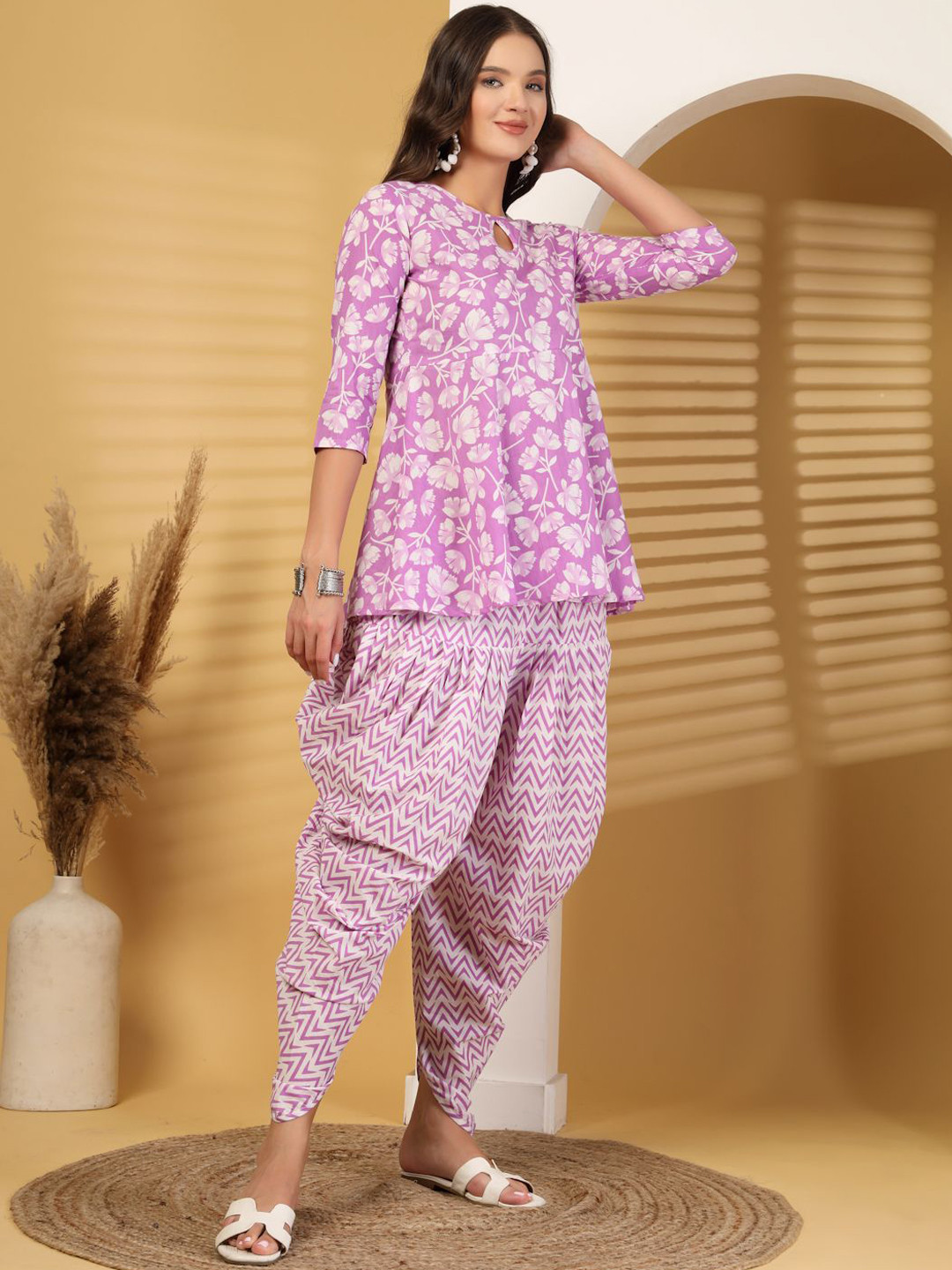 SUBAGI FASHION Women Floral Printed Cotton A-Line Top with Dhoti Pants
