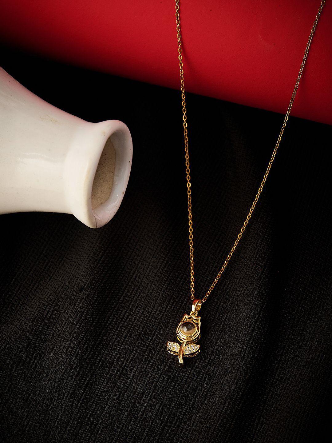 JEWELSCAPE Stainless Steel Gold-Plated Stones Studded Anti-Tarnish Floral Pendant & Chain