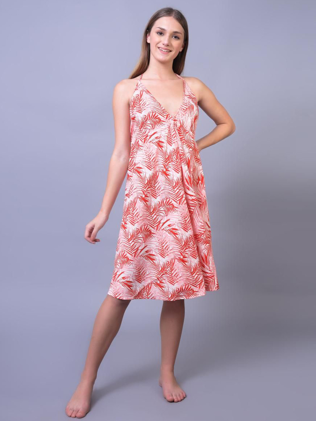 Punnu Women Tropical Palm Leaf Printed Halter Neck Backless Crepe A-Line Mini Dress