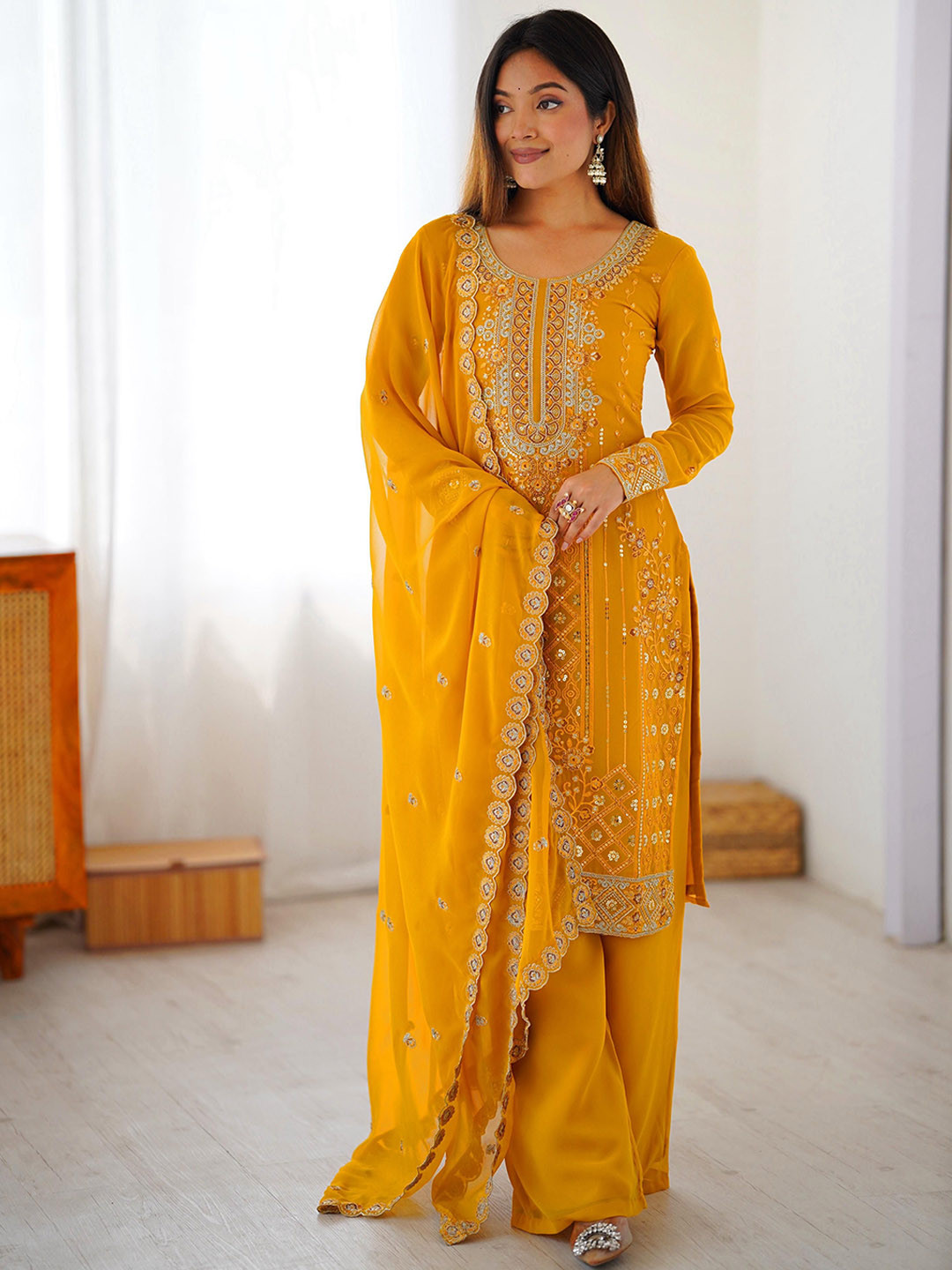 CANBIA Floral Embroidered Sequinned Georgette Straight Kurta With Palazzos & Dupatta