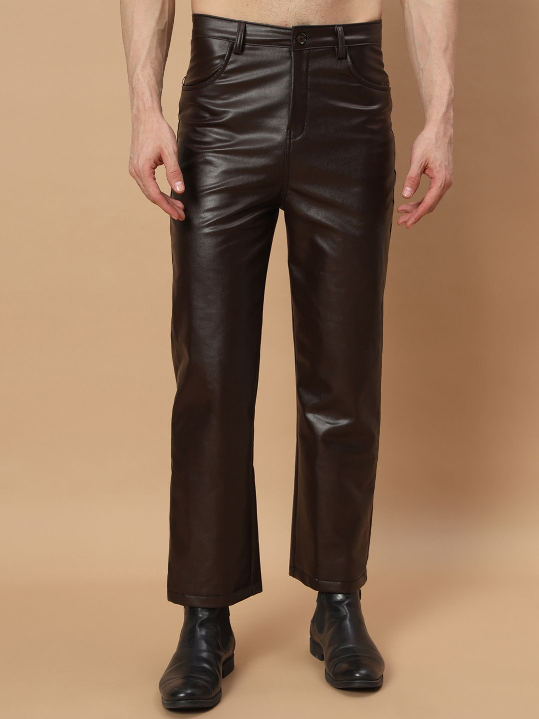 TANDUL Men Smart Straight Fit Mid-Rise Leather Trousers