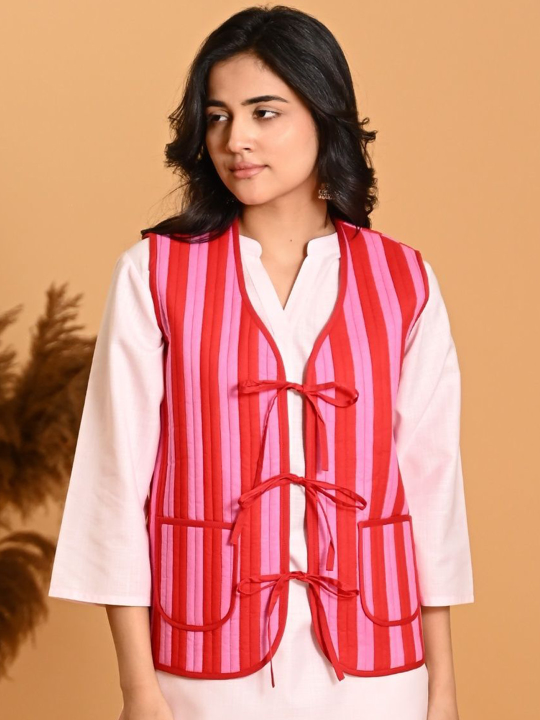 SANSKORI Women Striped Rose Ember Quilted Vest Longline Tailored Jacket