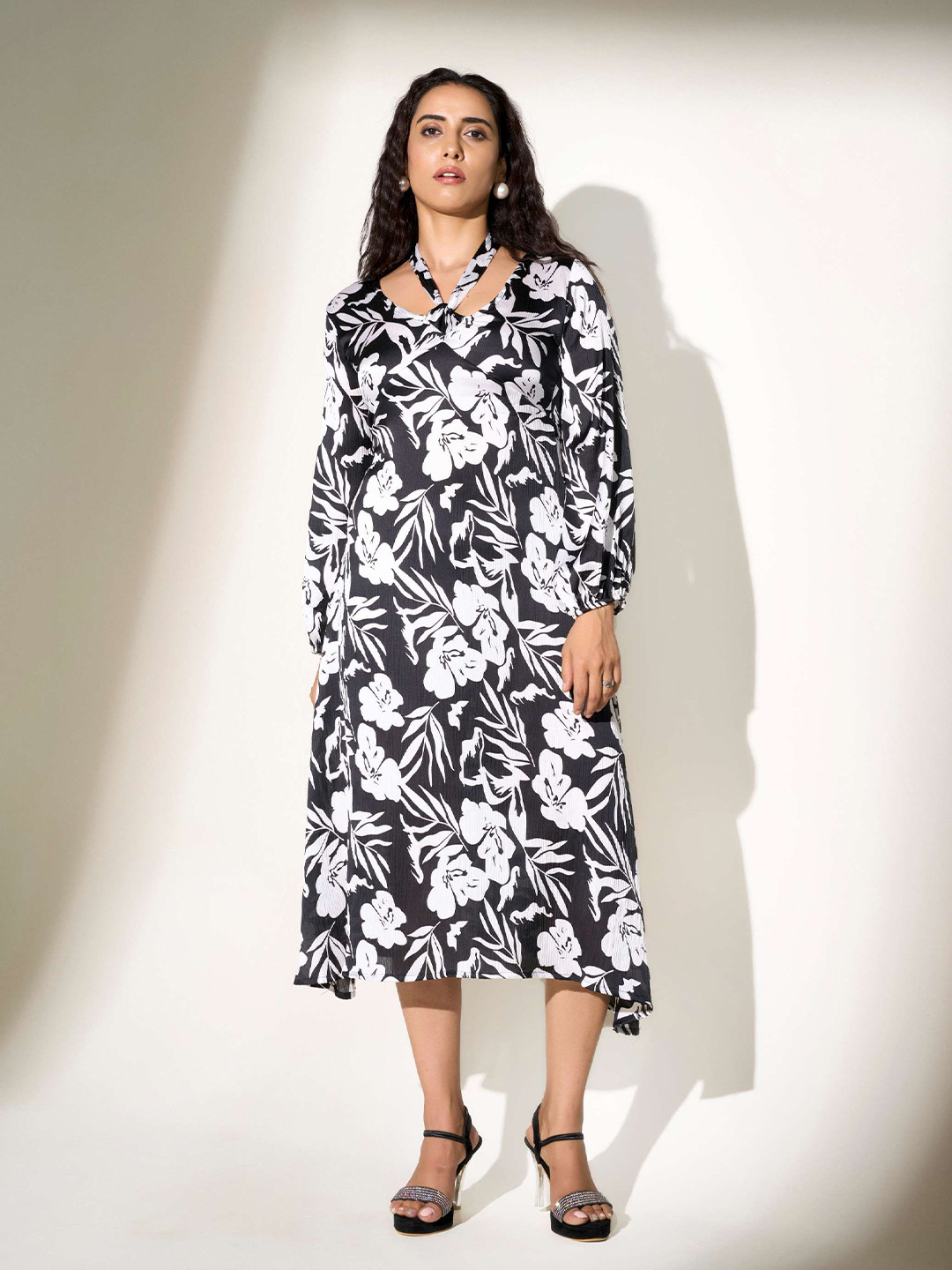 R.Code by The Roadster Life Co. Women Floral Print Keyhole Neck Satin A-Line Midi Dress