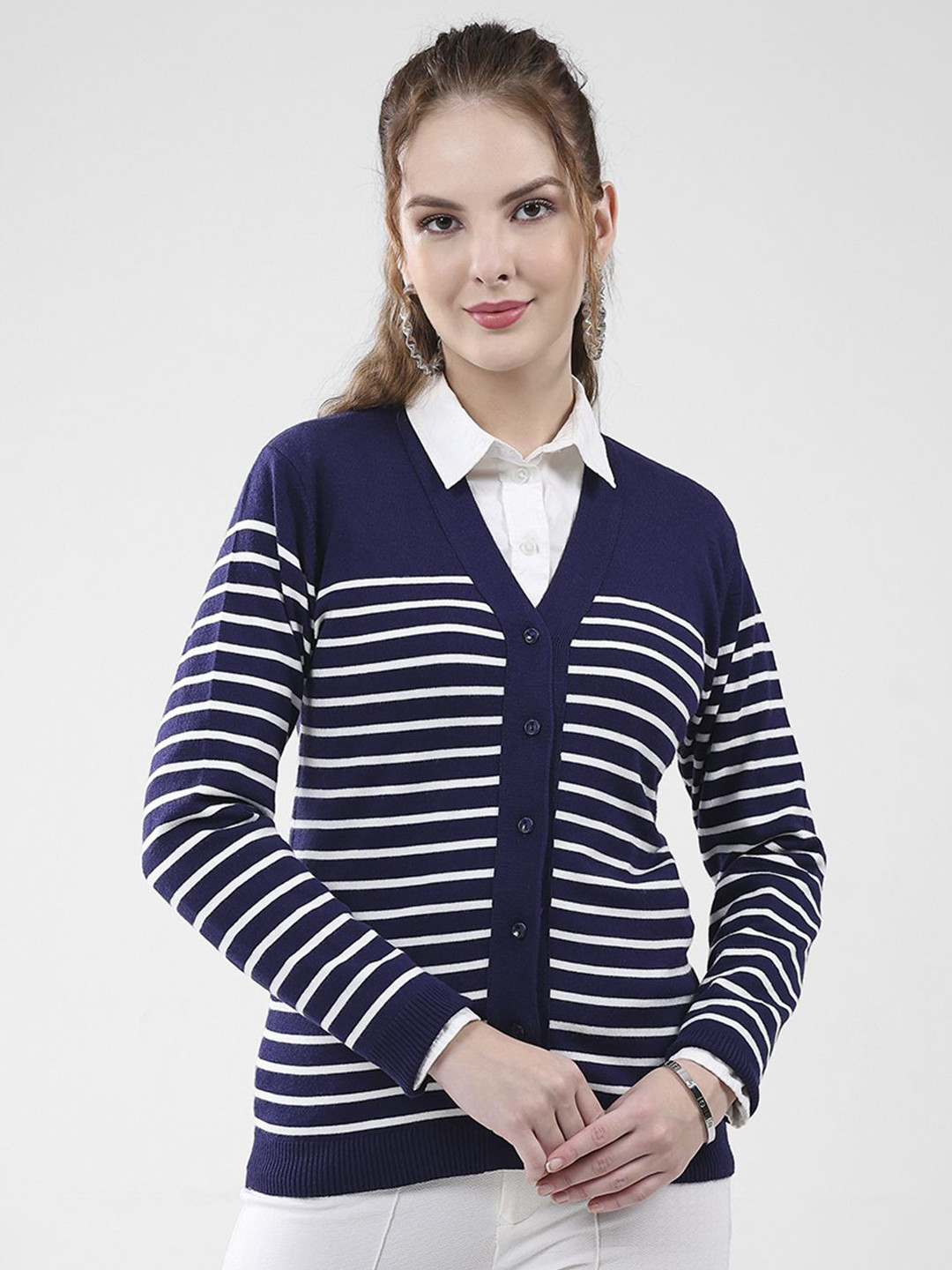 Monte Carlo Women Striped V-Neck Woollen Cardigan