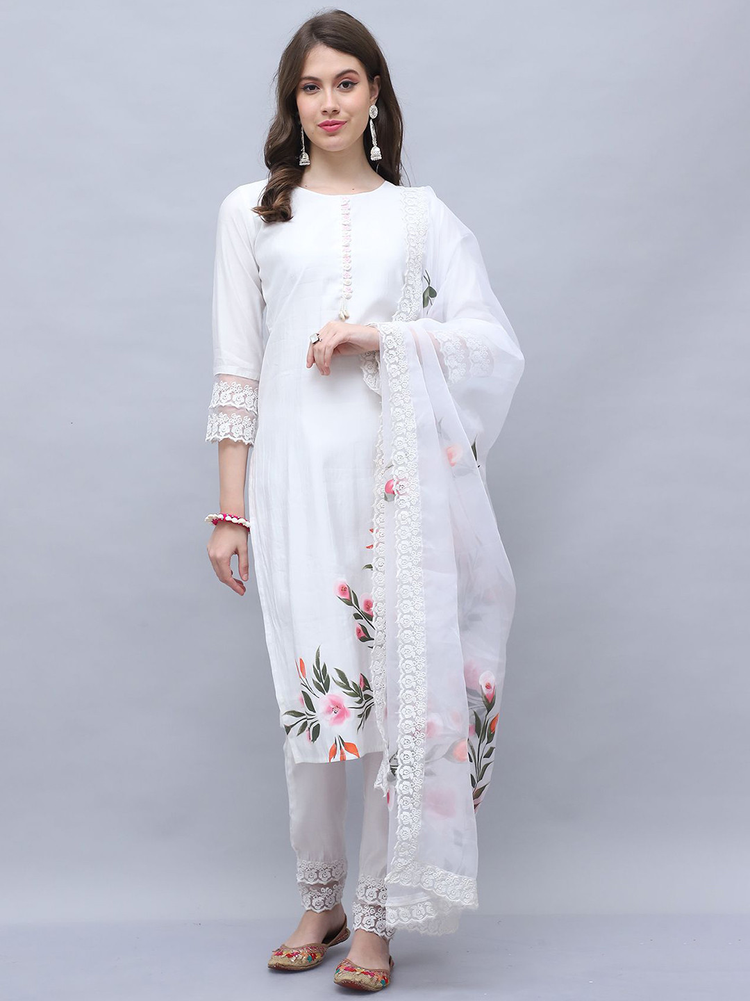 KALINI Women Floral Brush Painted Regular Kurti Set With Dupatta with Embroidered Lace