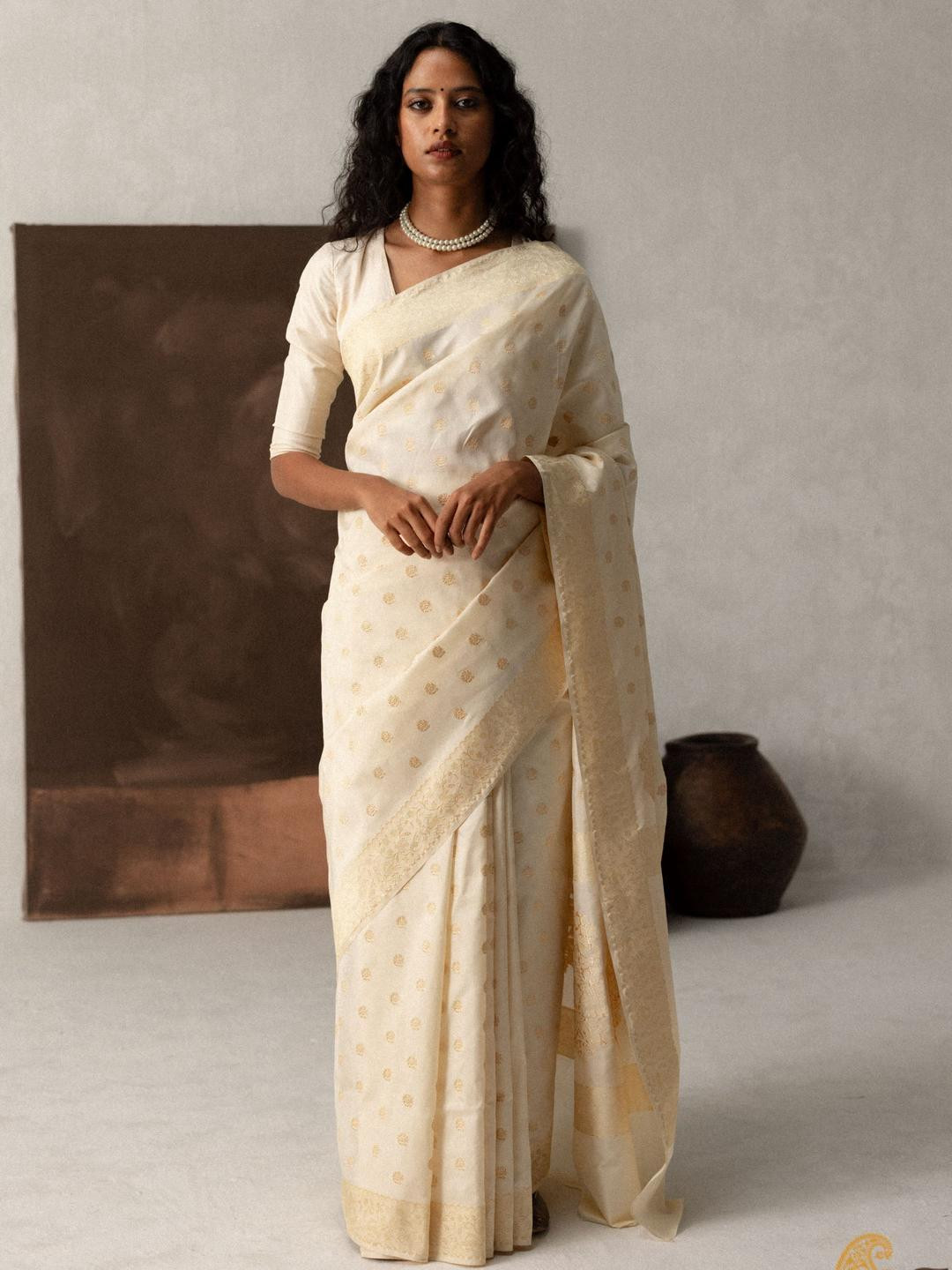 CaniBani White Silk Blend Banarasi Sarees