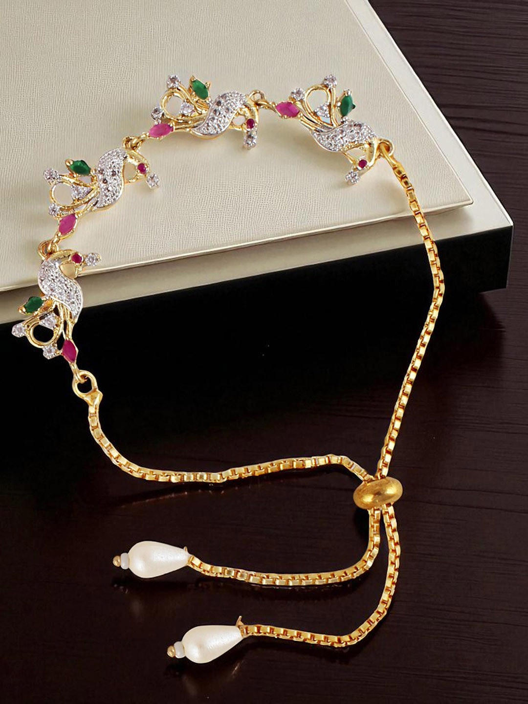 LUCKY JEWELLERY Unisex 4-Pcs Rakhi With Gold-Plated American Diamond-Studded Bracelet