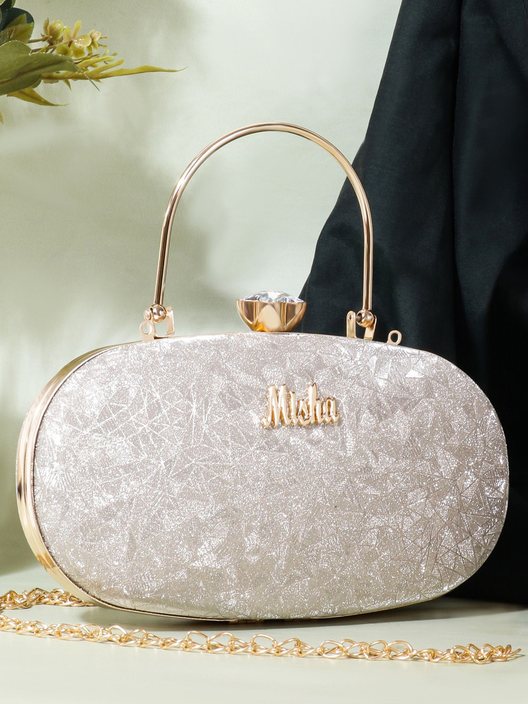 MISHA Noir Glint Textured Embellished Box Clutch