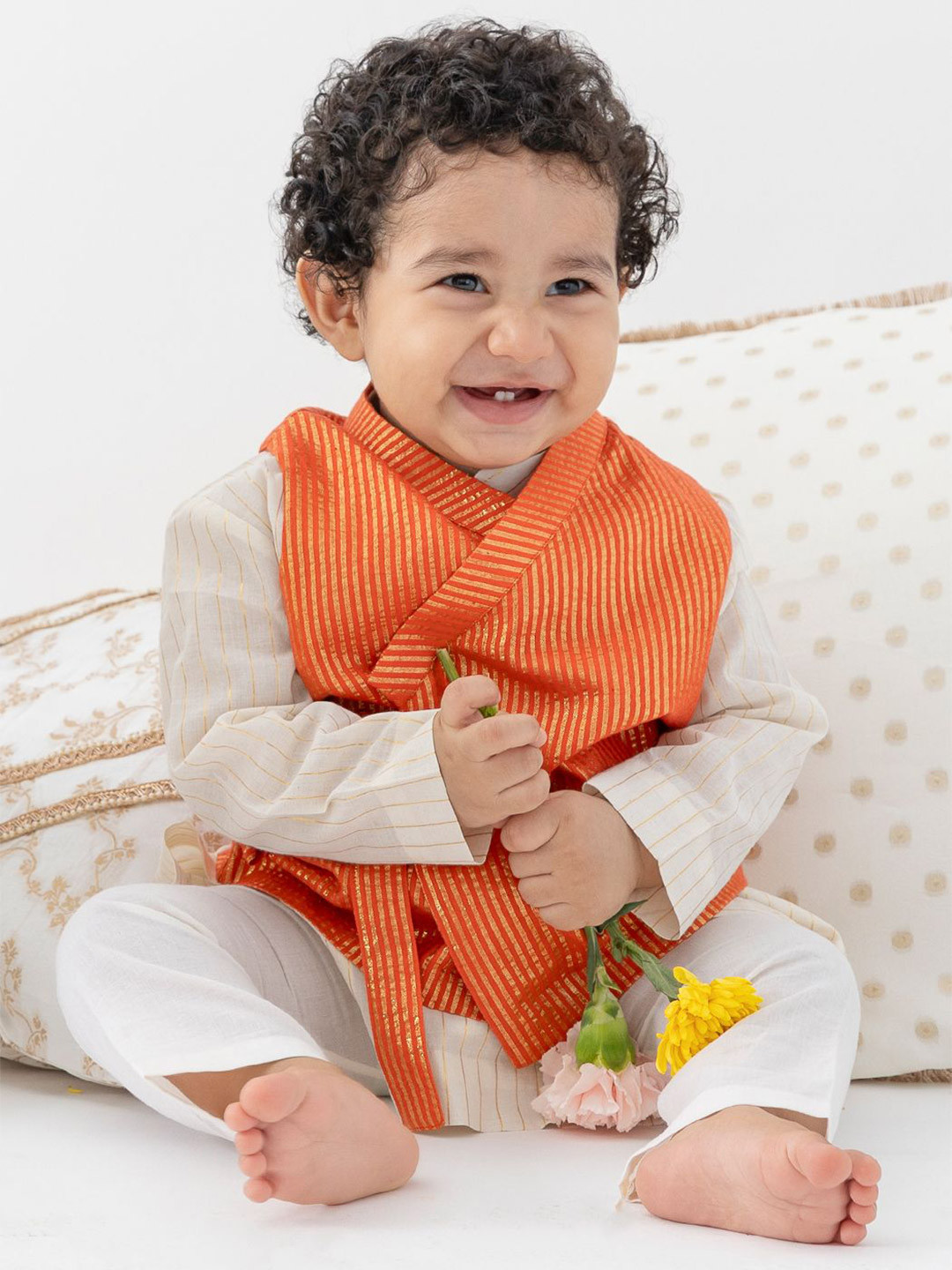 Tiber Taber Baby Boy Orange Stripes Lurex 3 Pc Bundi Set