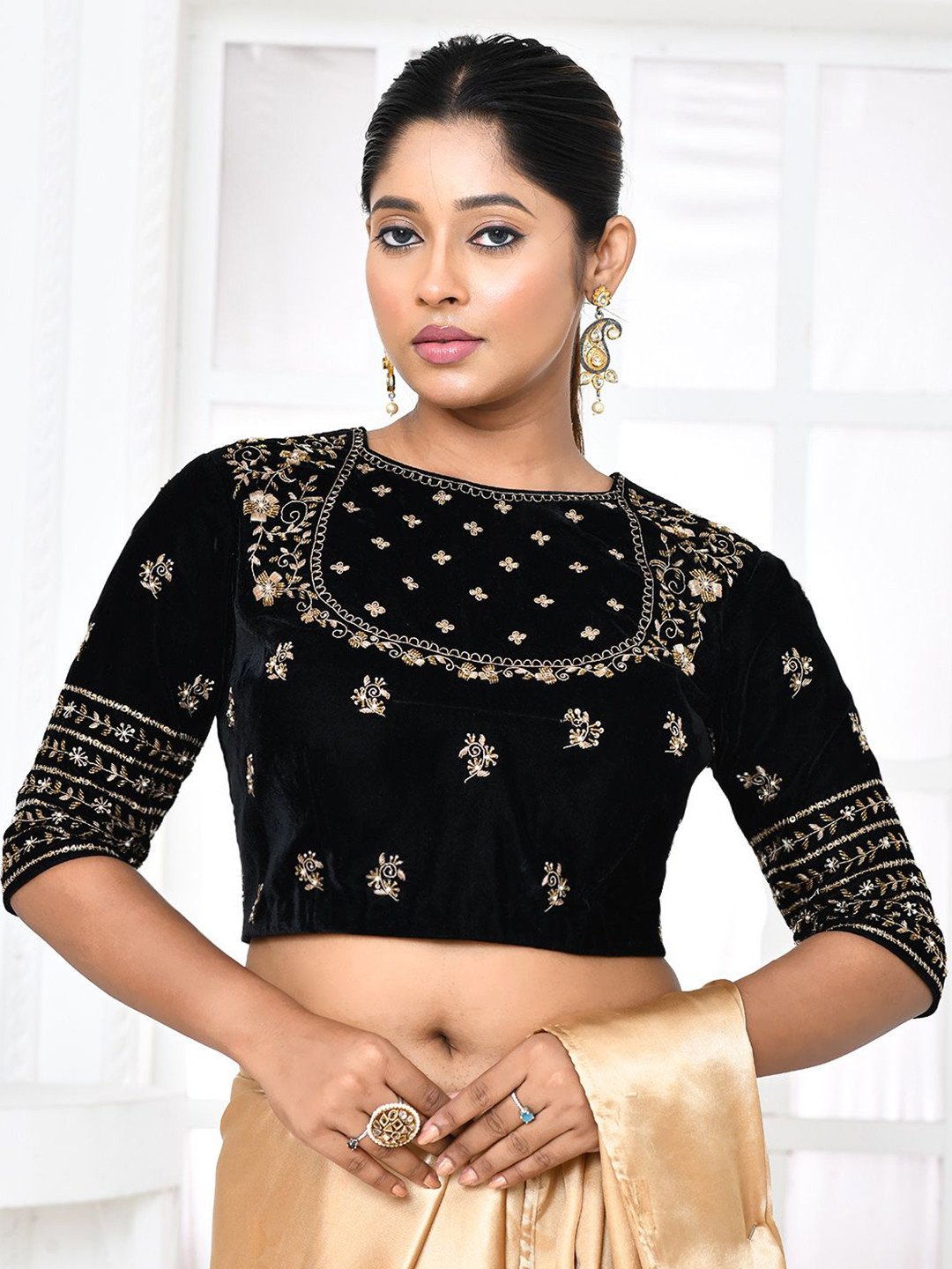 SPRISH Embroidered Boat-Neck Readymade Saree Blouse